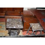 A Victorian walnut stool commode, an oak stool, carved table and bedside cabinet