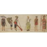 A set of three Burmese pen and wash costume design drawings, signed MacColl in pencil, 12cm x