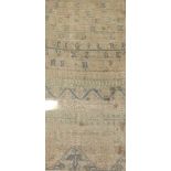 Two 19th Century alphabet samplers, 43cm x 20cm and 48cm x 19cm