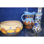 Three pieces of Chameleon ware, a bowl, jug and vase (3)