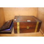 A mahogany sewing box, a brass bound writing box, a lacquered table top cabinet etc