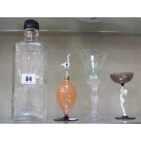 A bimini glass with female figure, a perfume bottle with cat finial and other 20th Century glass