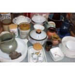 A quantity of kitchenalia to include jelly moulds, jugs Stilton pot. stoneware etc