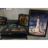 A group of six Russian lacquer boxes (some printed) and a Bradex collectors plate (7)