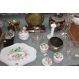 A china dressing table set, two glass decanter, a brass Indian bowl, a pestle and mortar, postal