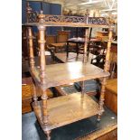 A Victorian walnut and marquetry three tier whatnot with gallery, and turned supports, 52.5cm