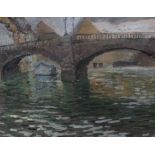 An oil on board of a bridge and two prints (af) (3)