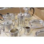 A mixed lot of silver plate to include two coffee sets, entre dishes and large tray