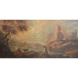 Continental School (19th Century)Figures fishing by lake with castle in distanceOil on