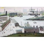 John Alan Goodlad (In manner of Lowry)'At the docks'Oil on canvasInitialledUnframed49.5cm x 60cm