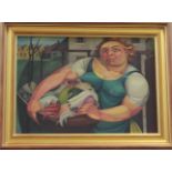 G.E. Ball (20th Century)Untitled (Woman carrying a bowl of vegetables)Oil on boardSigned lower