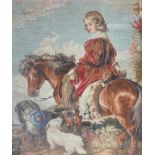 A needlepoint of a young boy on a pony with his dog, 65cm x 52cm