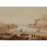 Continental School Fishing boats on river with bridge and town in distanceWatercolourUnsigned24cm