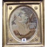 A George III silk work of a seated lady, oval, 25cm x 20cm and a framed watercolour design for a fan