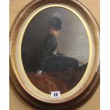 An oval oil on board portrait of a lady riding a horse, unsigned, 35cm x 25cm