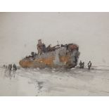 Attributed to Nelson Dawson (British.1885-1934)Ship moored WatercolourUnsignedPencil inscribed to