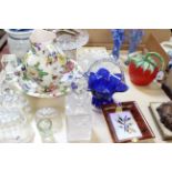 A mixed assortment of ceramics and glass, including a ewer and basin printed with flowers