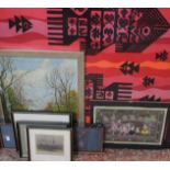 A quantity of decorative prints and pictures to include an oil on board of a garden, Oriental prints