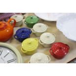 Modern decorative items to include a Le Creuset teapot, Viners miniature ovenware dish, a wall