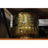 A brass log bin, a two-handled pan and assorted trays