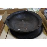 A large Japanese wood bowl and a tray, 60cm diameter (2) (cracked)