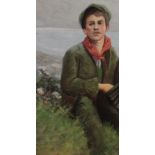 Russian School () 20th Century Boy resting by the coastOil on canvas board Signed lower left75cm x