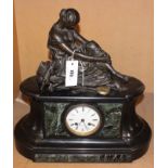 A black slate and green marble figural mantel clock, 44cm high