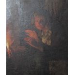 Follower of Godfried Schalcken (1643-1706)Portrait of a lady warming herself by a fireOil on