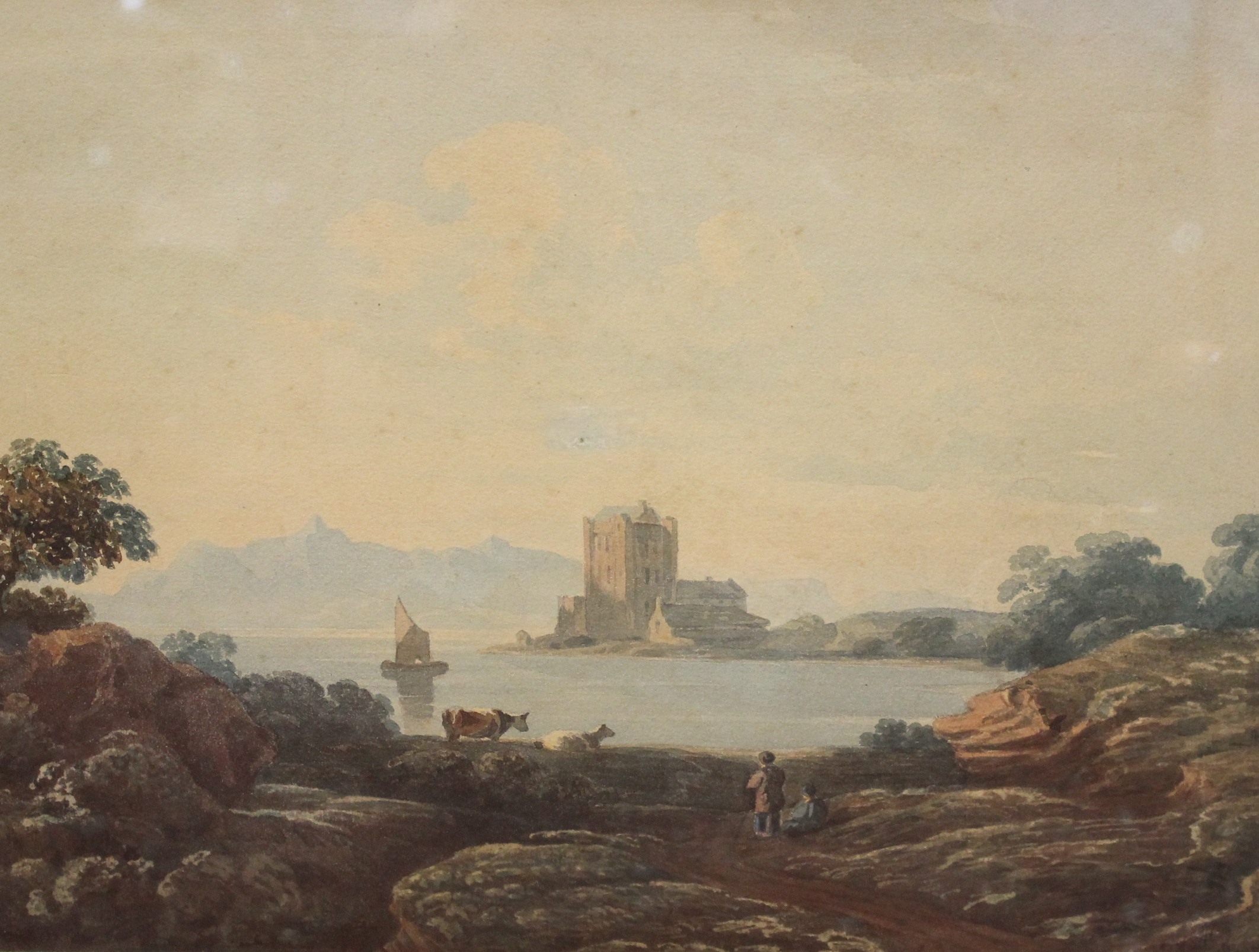 Attributed to John Varley (1778 - 1842)Figures with cattle by a Loch and castle in the