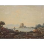 Attributed to John Varley (1778 - 1842)Figures with cattle by a Loch and castle in the