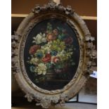 French School (19th century)Still life of flowers in a vaseOil on canvas laid to board, oval 41cm