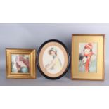 A 1920s silk picture in an oval frame; with a watercolour of a lady by P.D. Hill, dated 1916; and