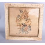 A pair of framed late 19th century silk appliqué embroideries, within modern crackle-glaze frames,