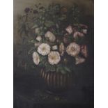 Still life oil on canvas of flowers in a vase, unsigned, 59.5cm x 49.5cm (af)