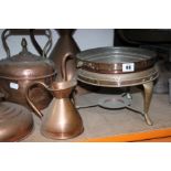 A mixed lot to include copperware, a set of scales with weights, an oil lamp etc