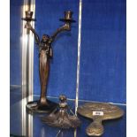 An Art nouveau bronze figural candlestick, unsigned, 33cm high, a trink dish and a plated dressing