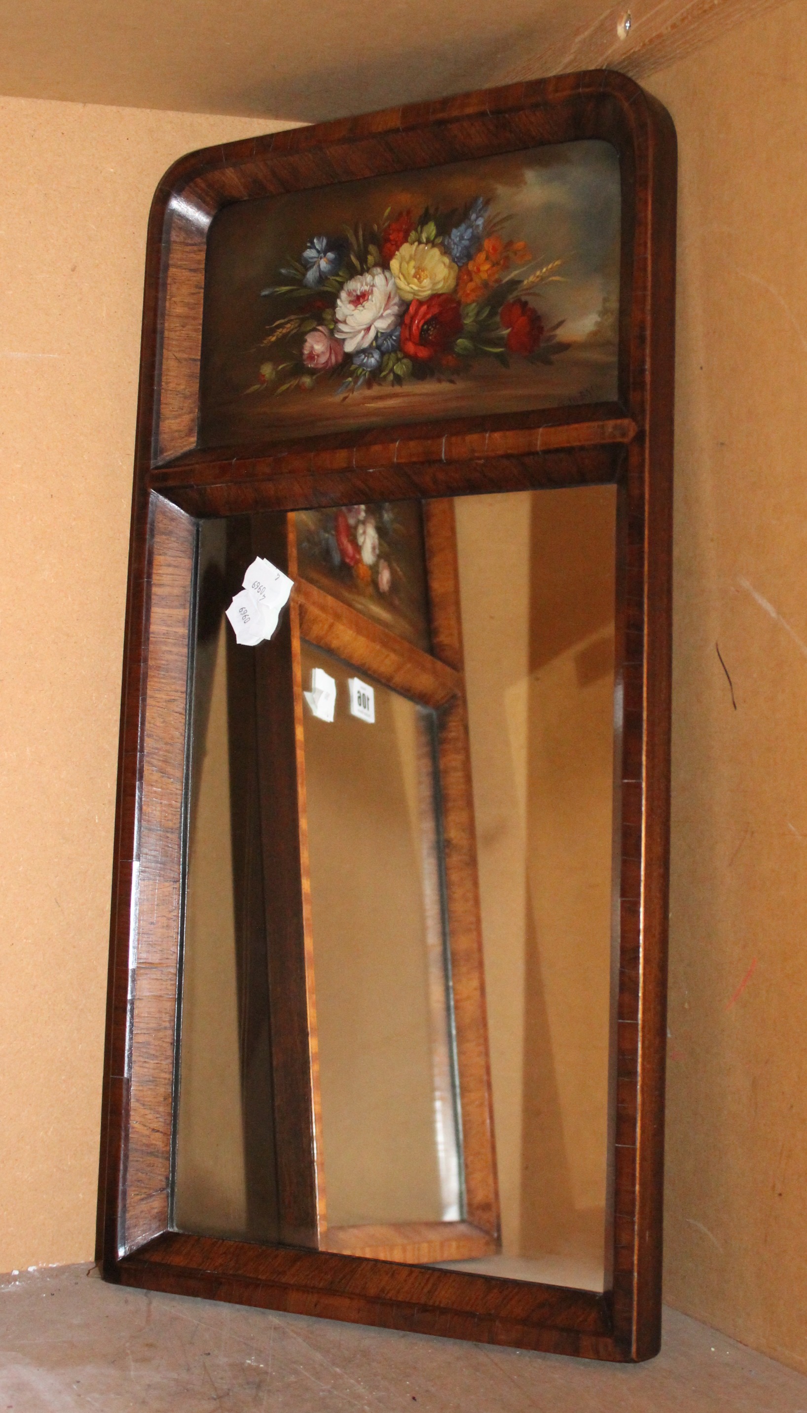 A pair of wooden framed mirrors, each with painted panel, still life of flowers, signed E.M. Ball - Image 2 of 2