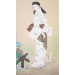 Senzan, A Japanese Painting, in inks and colours on silk depicting a bijin standing beside a well-