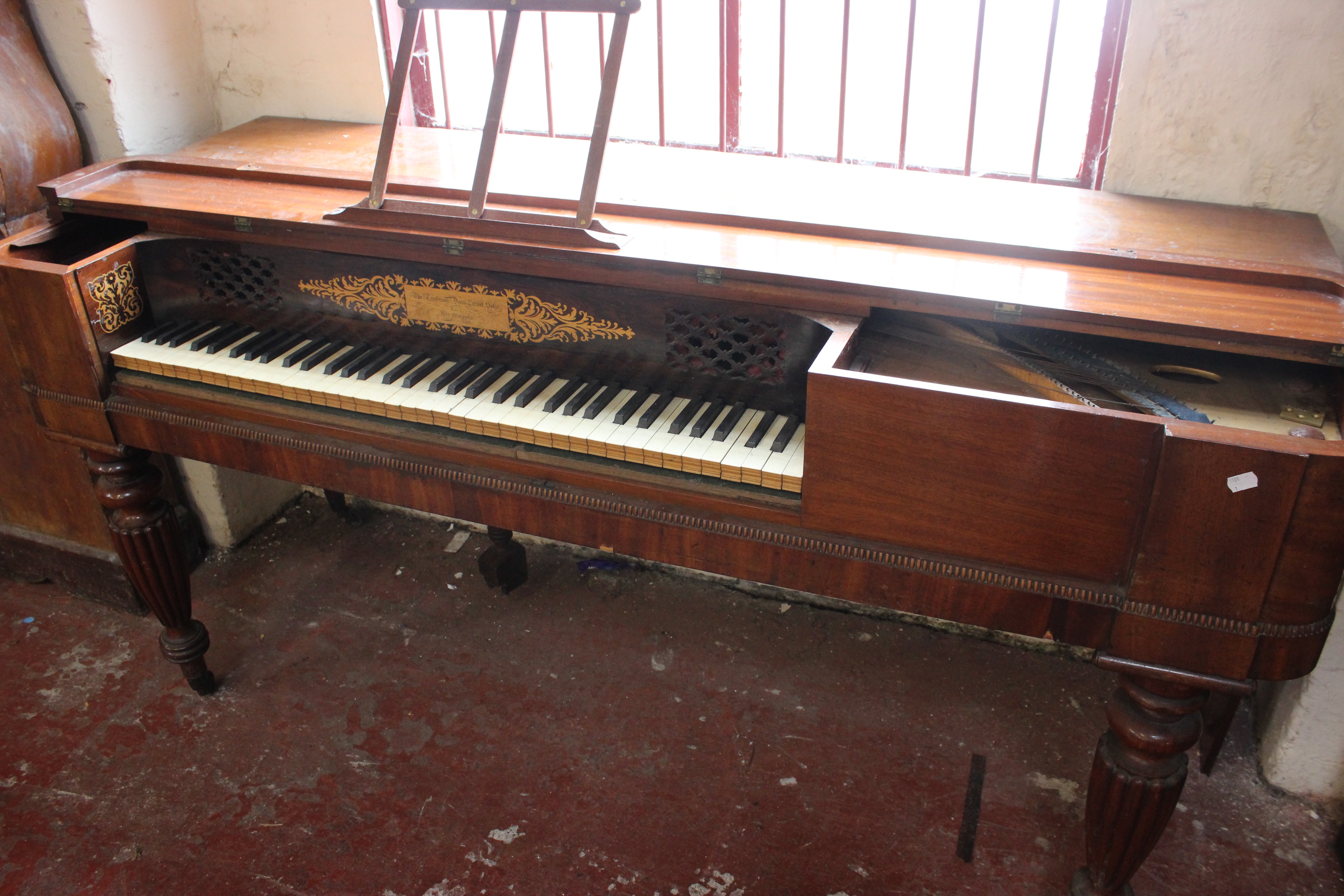 A 19th Century mahogany square piano, Thomas Tomkison Dean St., stamped 'T. TOMKISON 8880' on turned