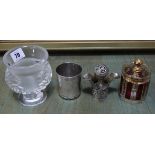 A Modern Lalique vase, a silver coloured metal decanter stopper and two other items (4)