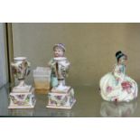 Royal Doulton 'Monica' RdNo. 762875, another figurine and a pair or miniature encrusted urns (4)