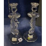 A pair of Waterford Crystal seahorse candlesticks, boxed, 29cm high