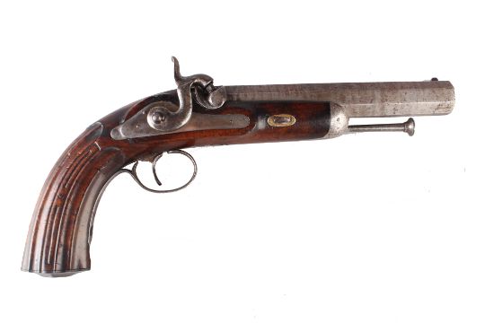 A French Officer’s Percussion Belt Pistol 19th Century with a browned large bore octagonal sighted - Image 1 of 2