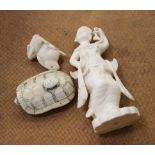 A Meji period Japanese ivory netsuke of a turtle with a baby turtle on back, a pair of rabbit