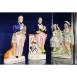 Staffordshire figures Sir Walter Scott and Robbie Burns, and two pairs of Scottish figures (4)