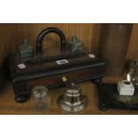 A collection of desk furniture to include 19th Century inkwells, letter rack etc (qty)