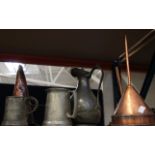 A pair of 19th Century copper warmers, conical measure and funnels, together with pewter tankards