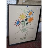 A colour print after Picasso, hands clutching flowers, 60cm x 49cm