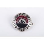 A Second World War German Hitler Jugend Enamel Workers Badge red & black on alloy, marked to reverse