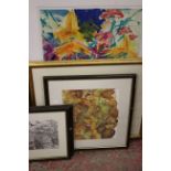 Two pencil and one watercolour of leaves by Sue Lewington and two prints still life of flowers